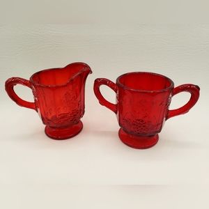 Westmoreland Ruby Red Amberina Paneled Grapes Cream & Sugar Set Vintage, Glows.